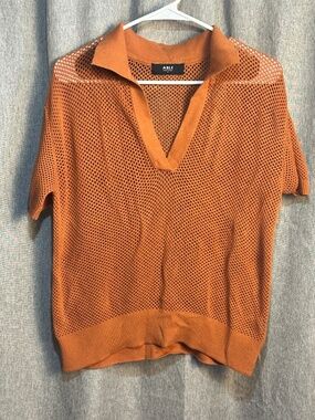 ABLE Rust Orange Open Mesh Knit Short Sleeve Johnny Collar Polo Sweater - Medium